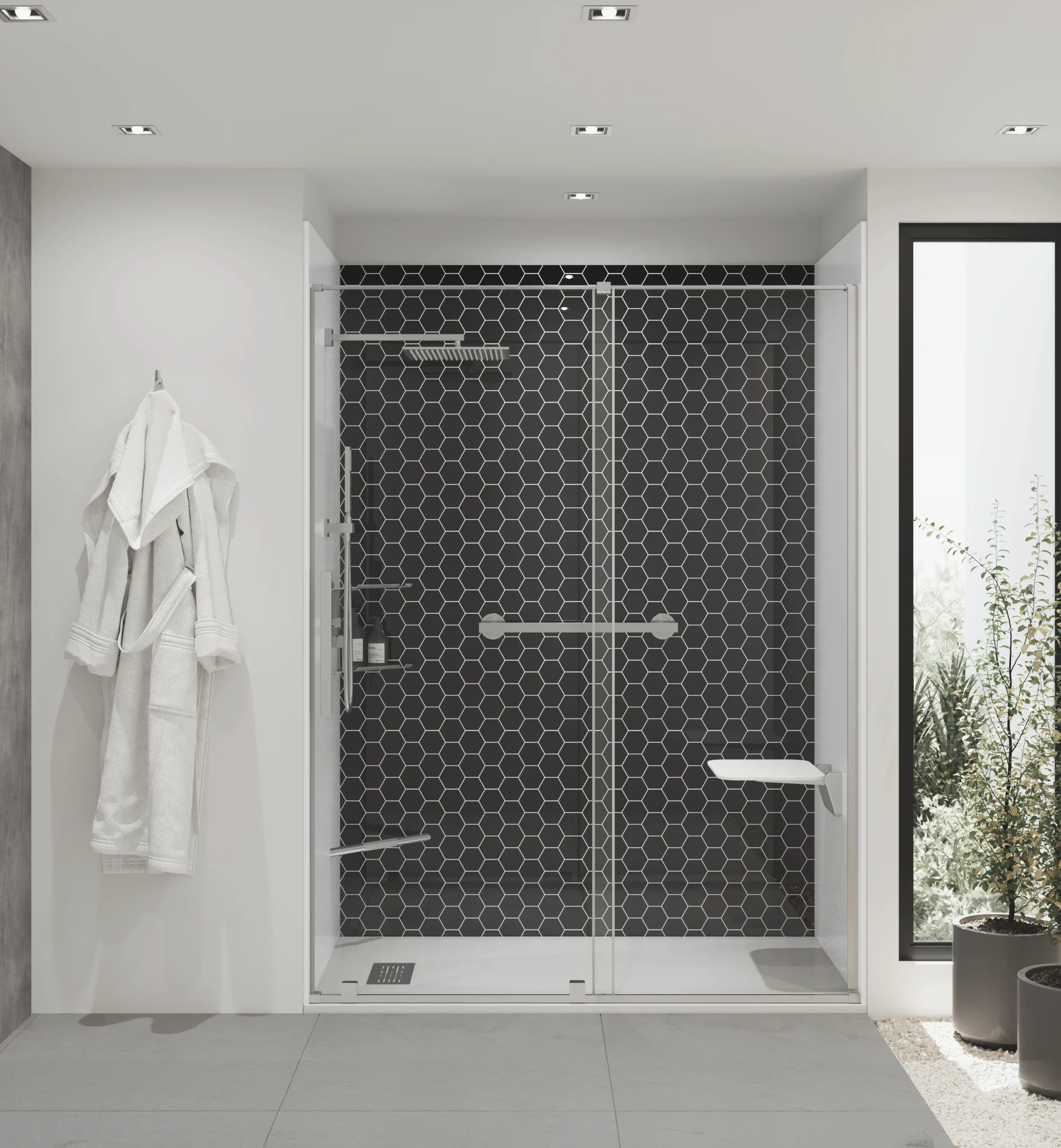 Black hexagonal tile shower installation