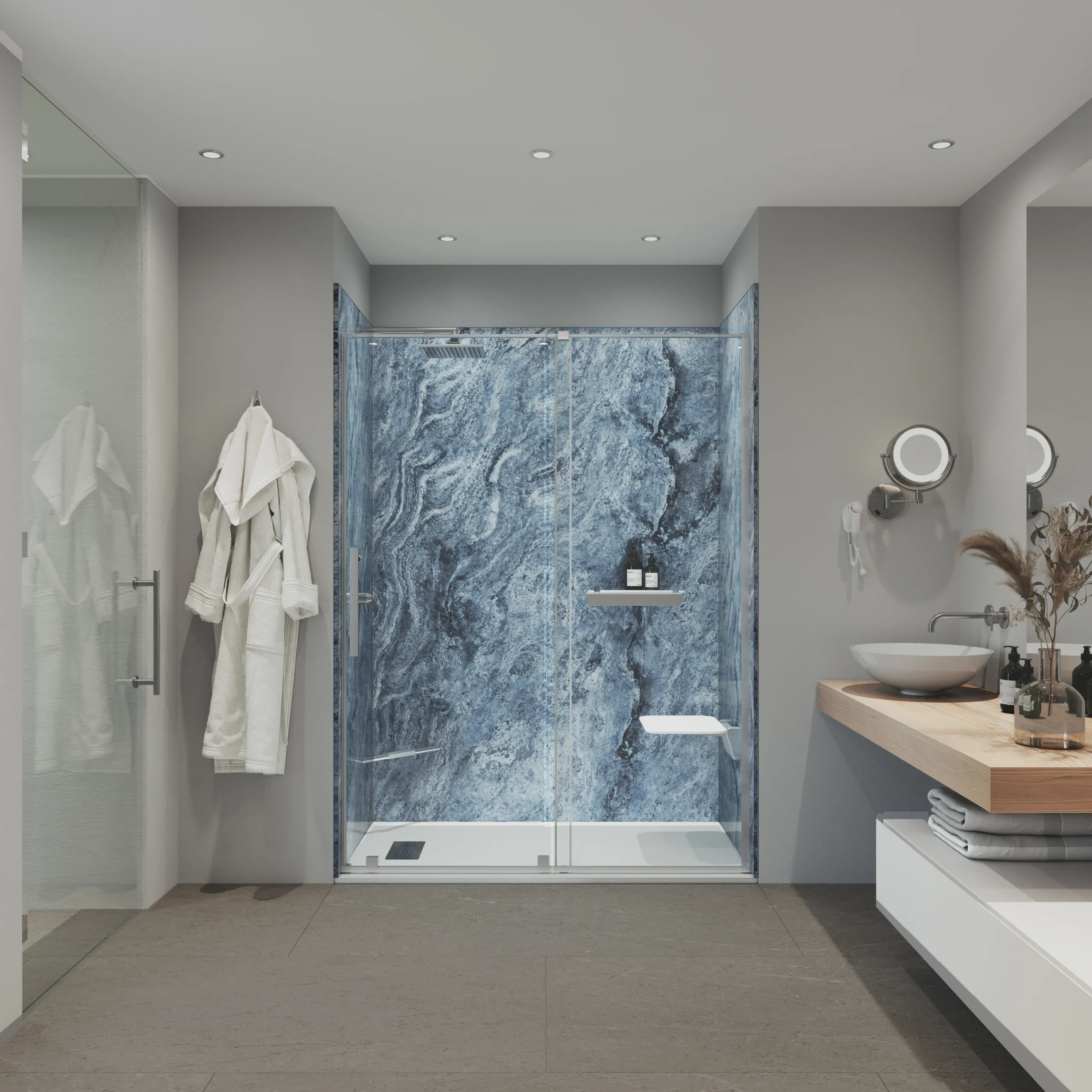 Blue stone shower enclosure in a contemporary bathroom