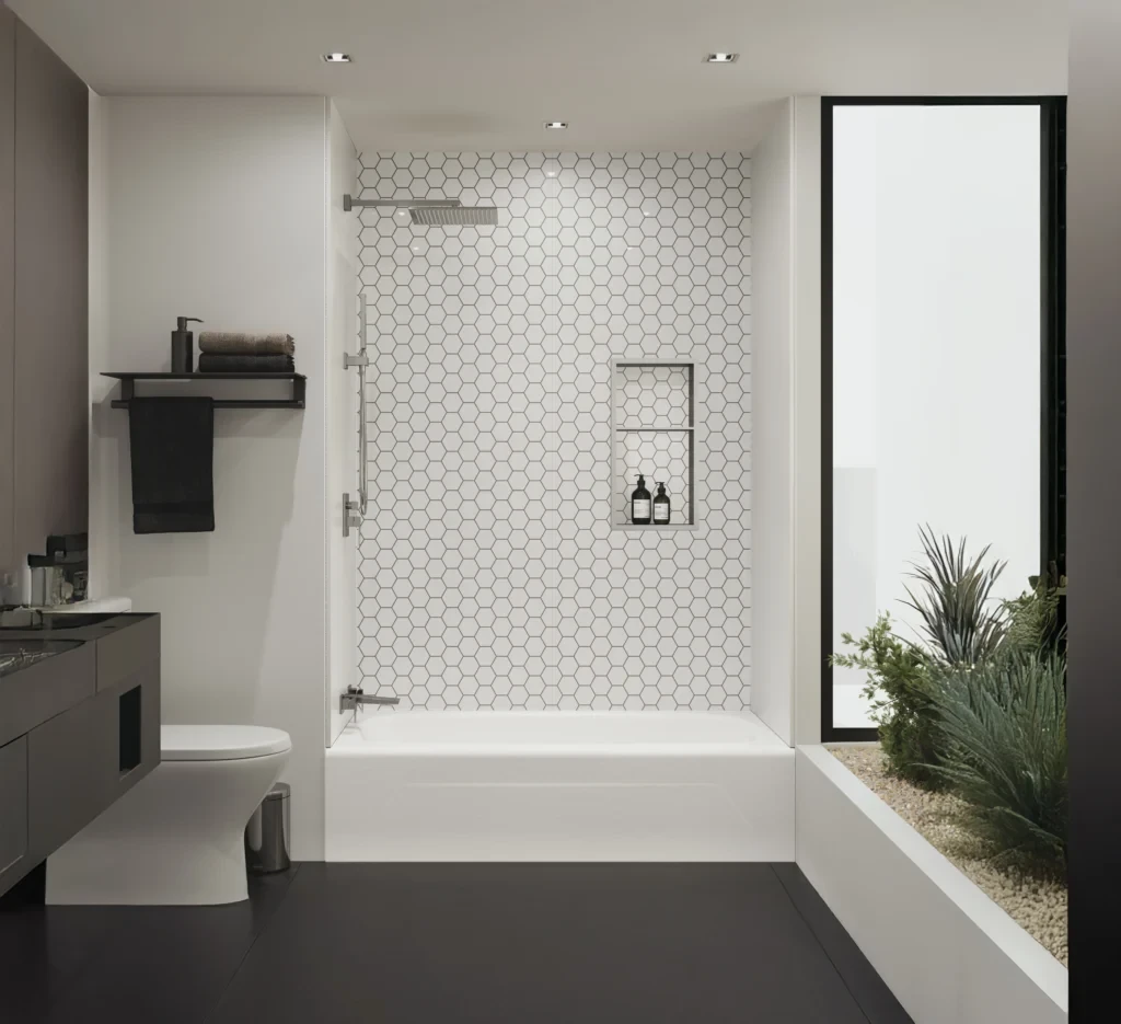 Modern shower with hexagonal tile and garden view