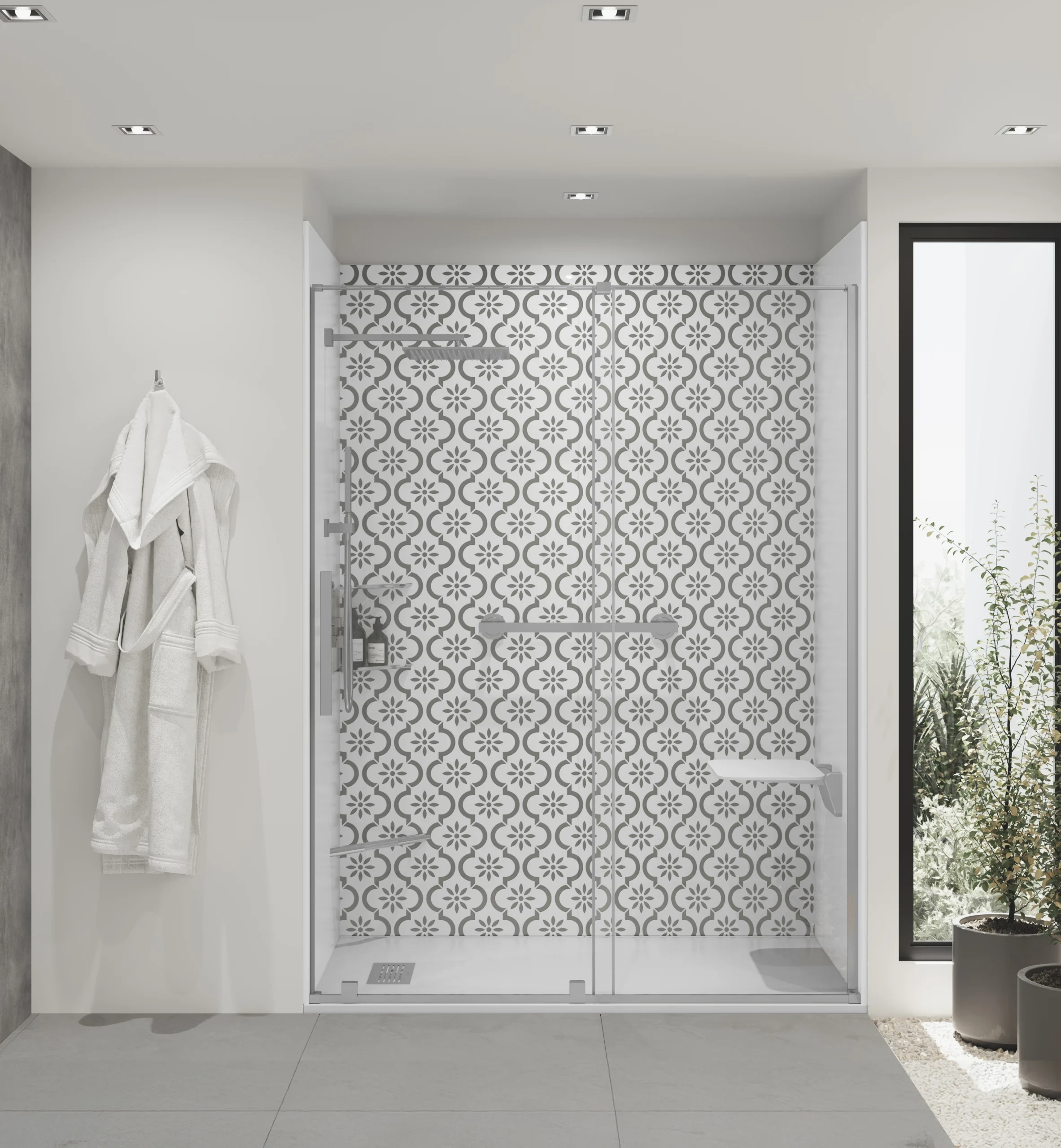 Bathroom shower with a patterned tile wall