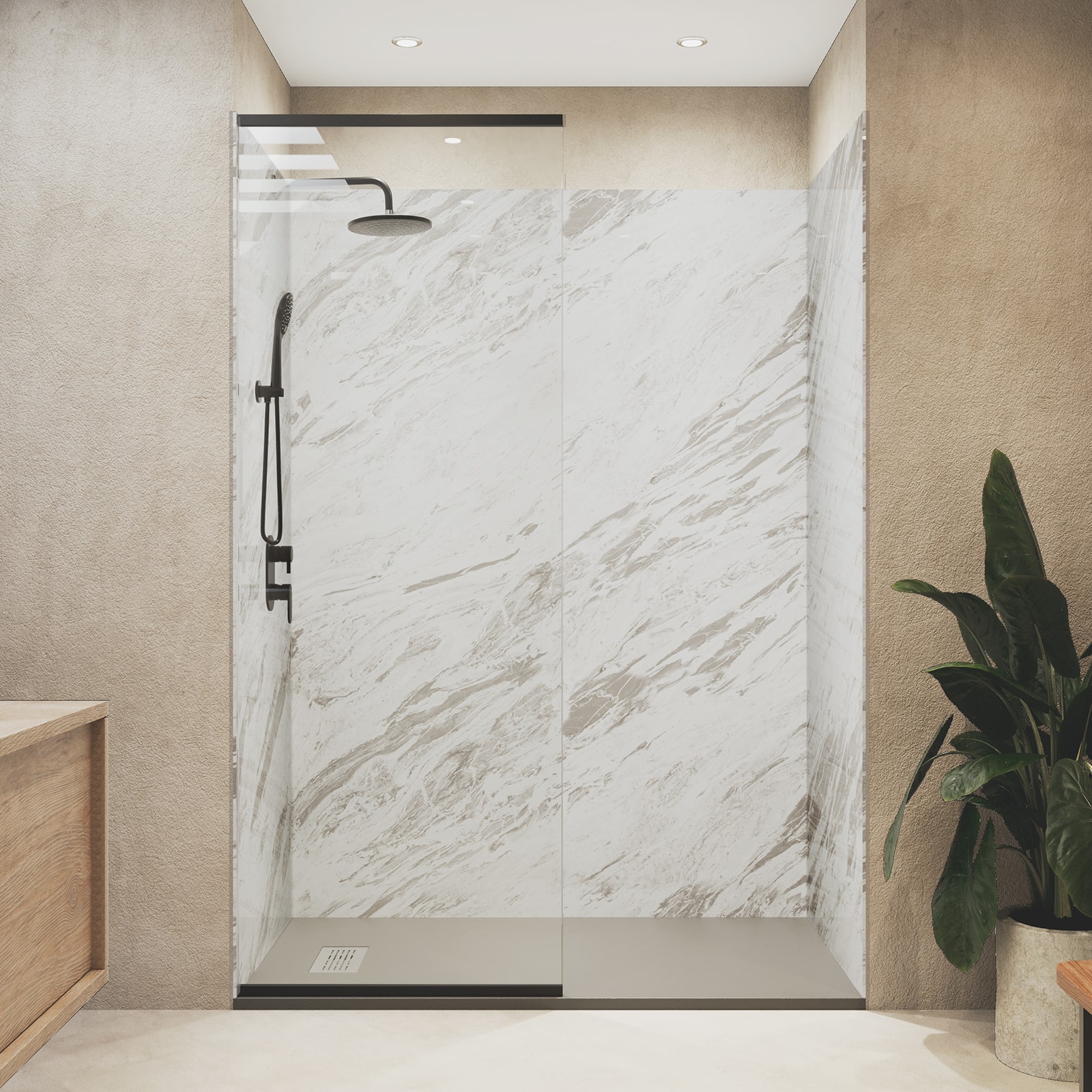 White marble-look shower installation with black fixtures
