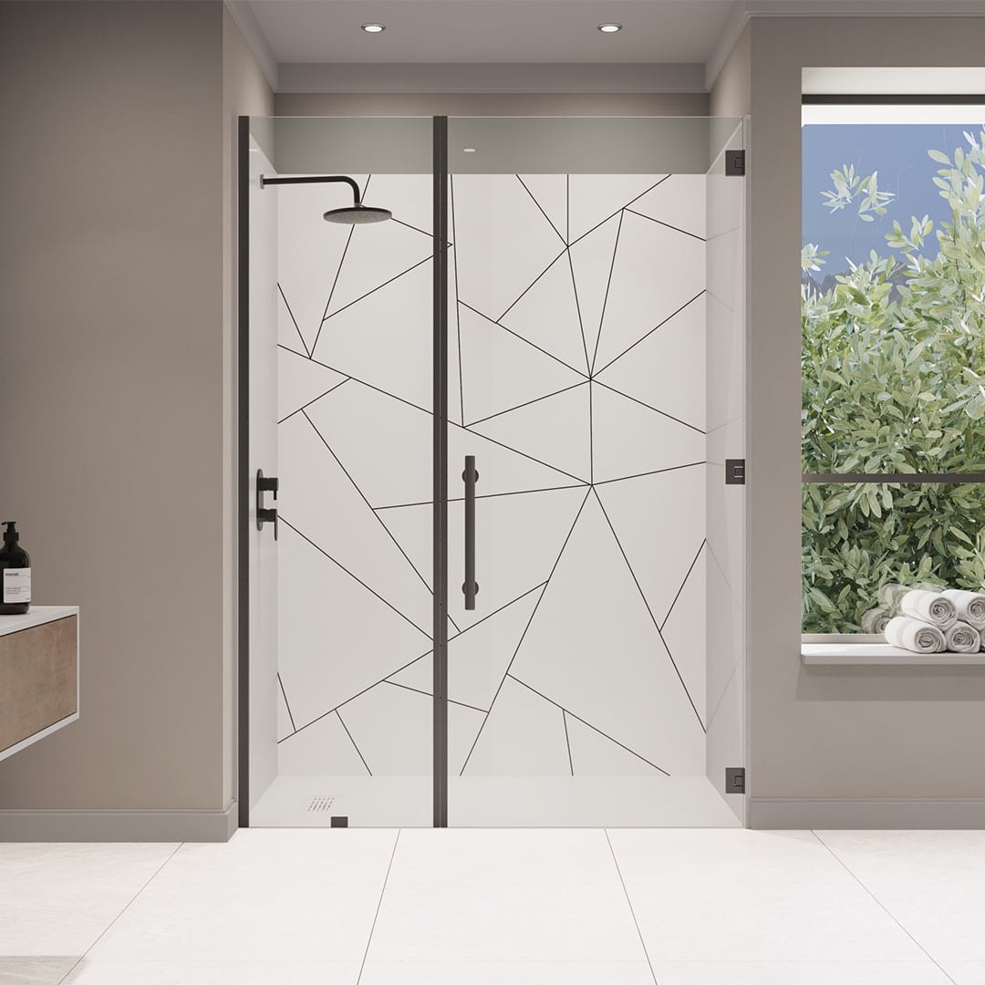 Geometric-panel shower with a glass enclosure