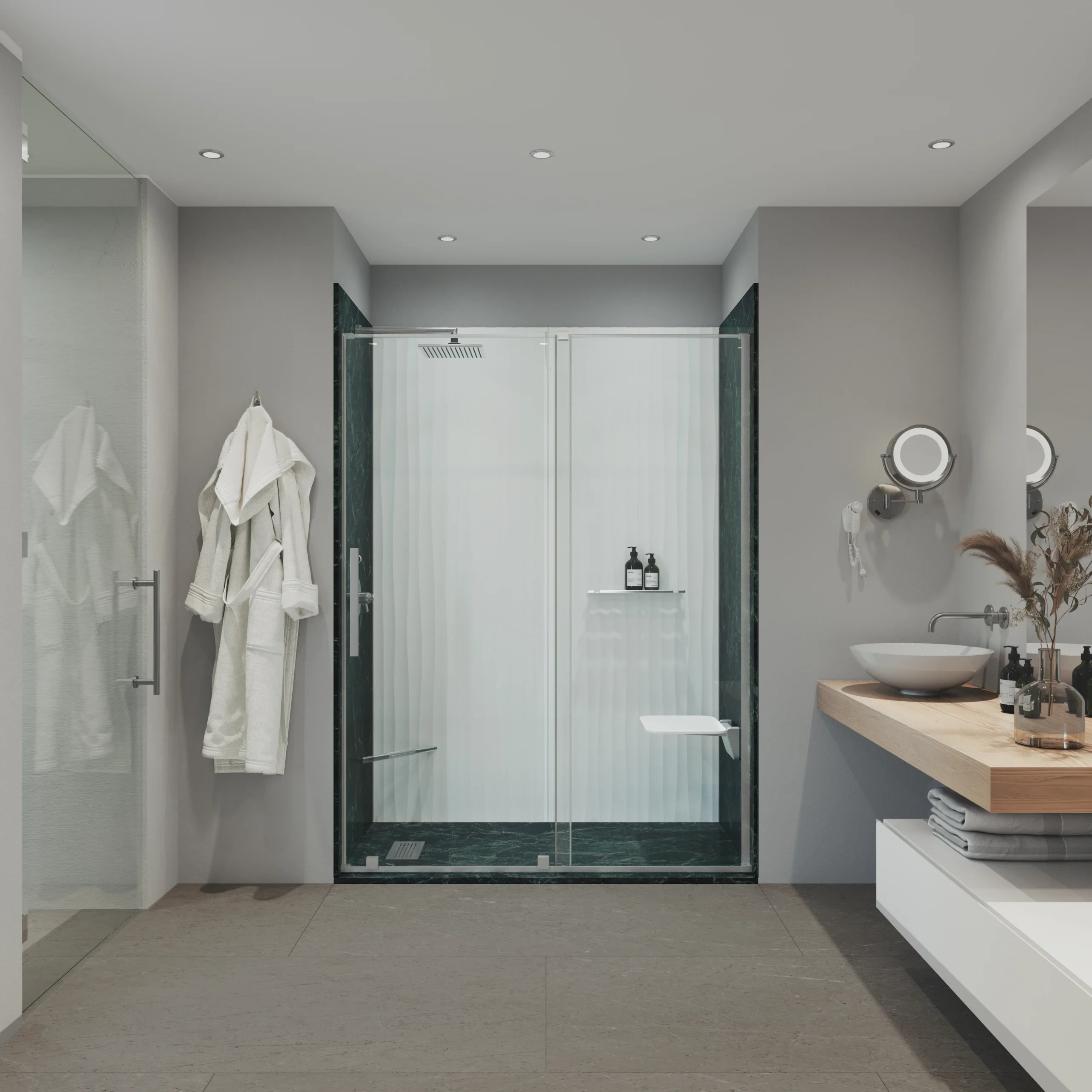 Completed gray and white shower installation
