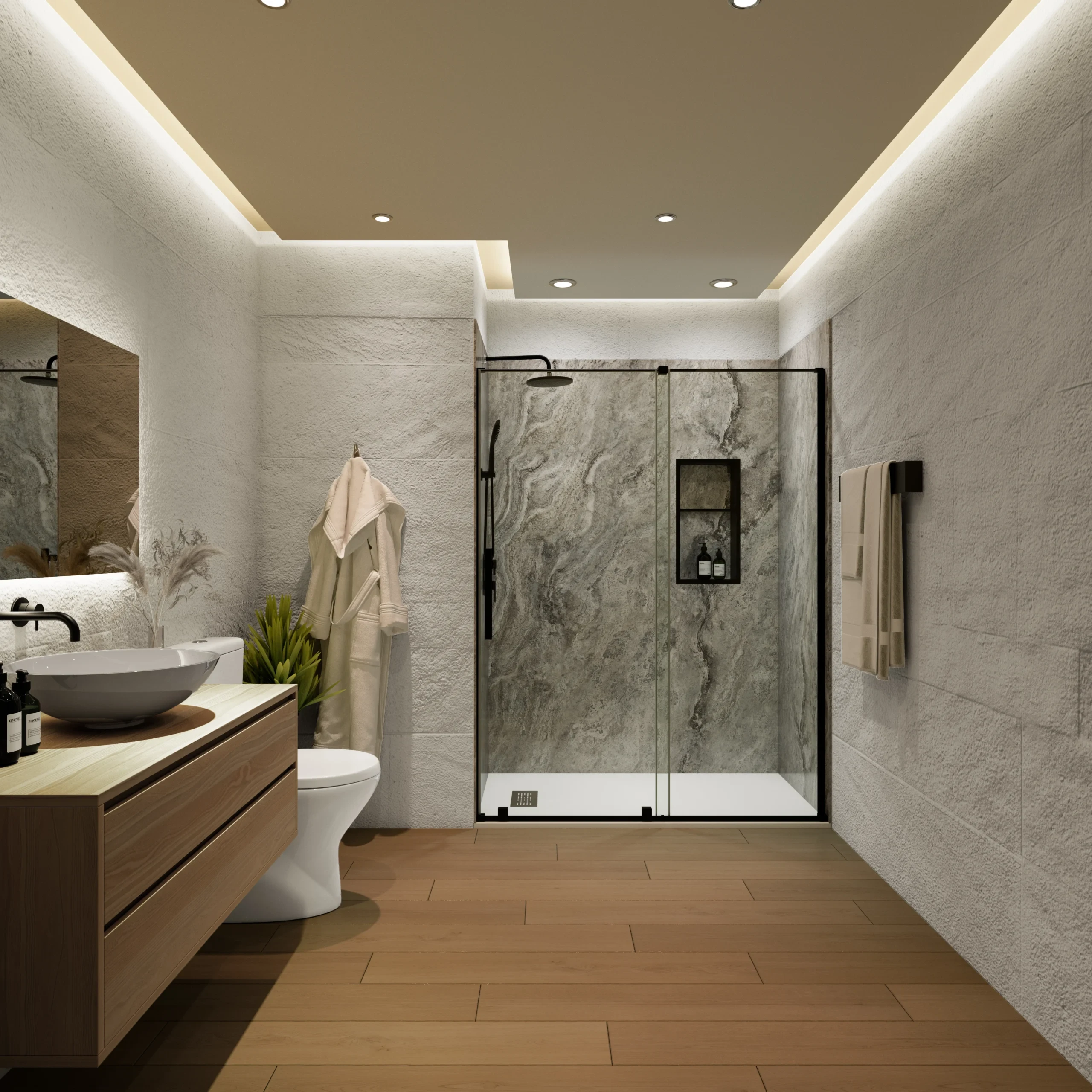Completed warm-toned shower installation