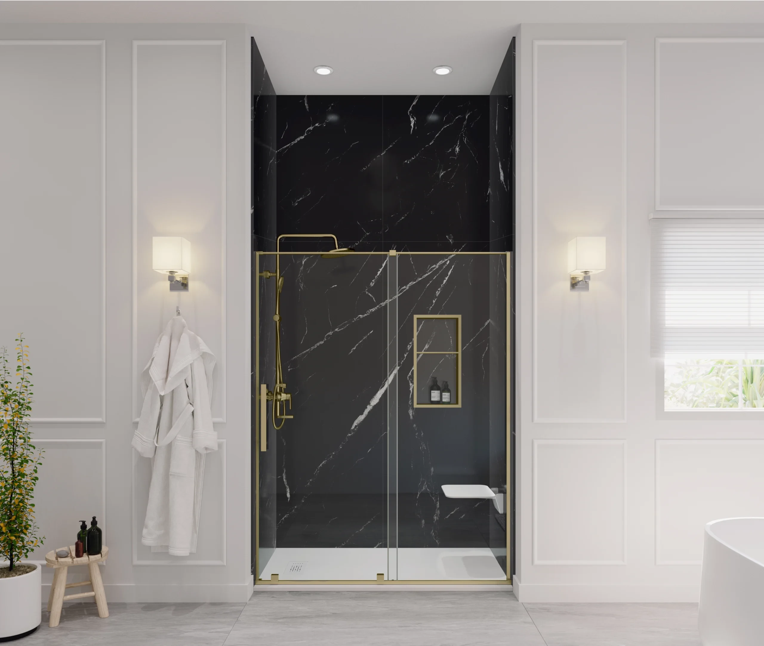 Modern black marble walk-in shower
