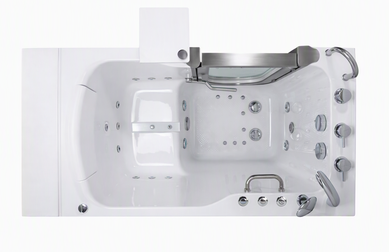 Senior couple enjoying a walk-in tub together, demonstrating comfort and safety features